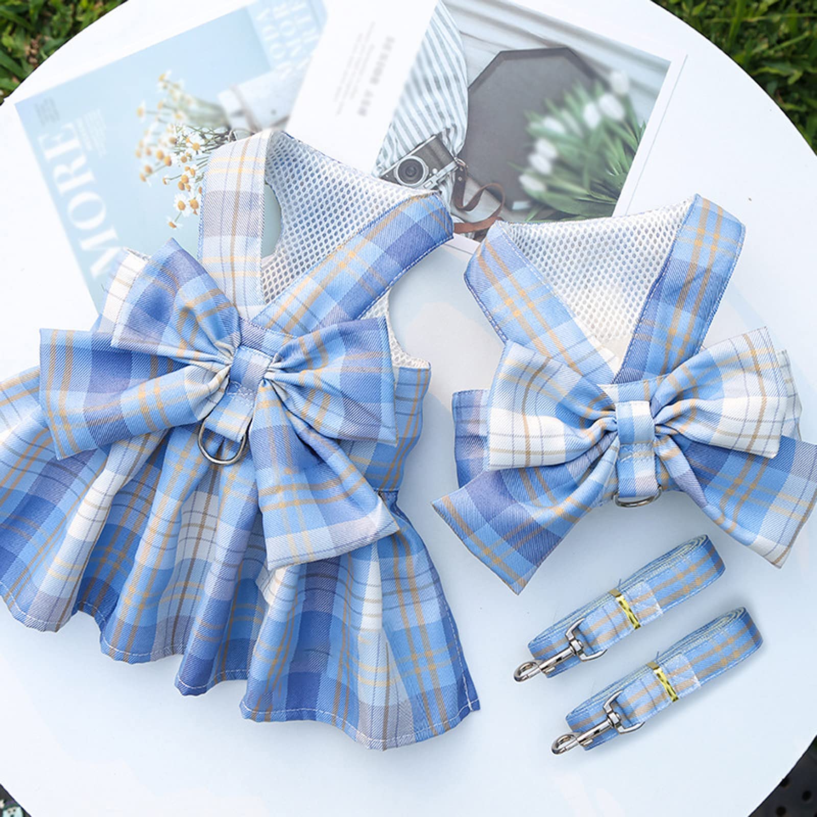Shekako Dog Harness And Leash Setcute Bow Tie Plaid Harnesses For Puppy Catadjustable Pet Kitties Vestbreathable Harnesstraction